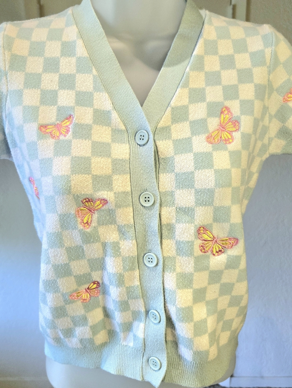 Forever 21 Kids Checkered Sweater - Light Blue And White With Butterflies